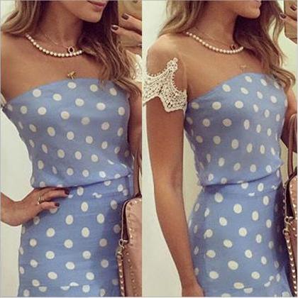 Gorgeous Blue Polka Dots Dress With Lace Details