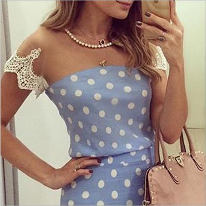 Gorgeous Blue Polka Dots Dress With Lace Details