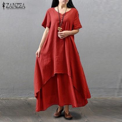 Short Sleeve Casual Cotton Boho Maxi Dress