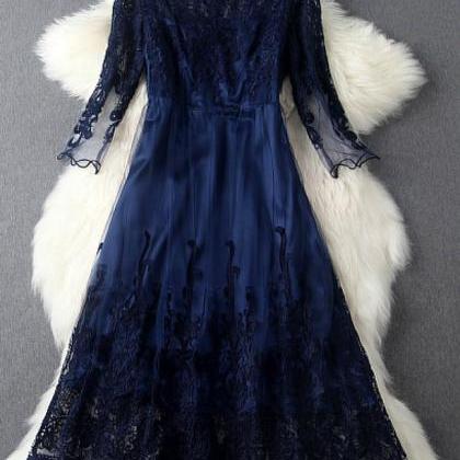Blue Ball Gown Design Lace Evening Dress