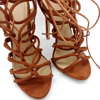 Leather Lace-Up High Heel Sandals 