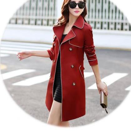 Double Breasted Red Slim Trench Coat For Women