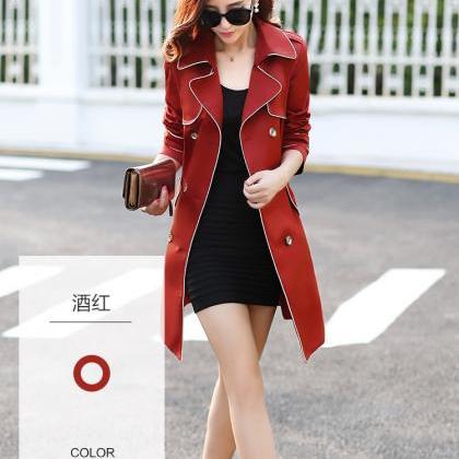Double Breasted Red Slim Trench Coat For Women