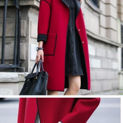 Elegant Red Women Winter Coat Slim Long Coat