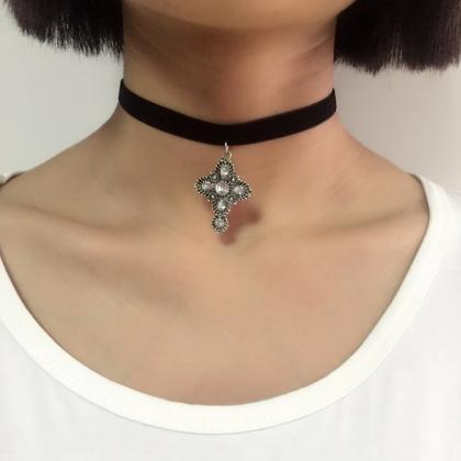 Silver Cross Choker Necklace