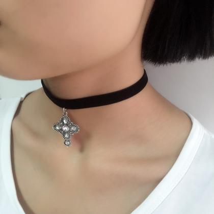 Silver Cross Choker Necklace