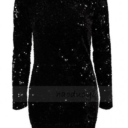 Sequins Long Sleeve Sexy Black Party Dress