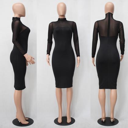 Sexy Long Sleeve Black Mesh Dress