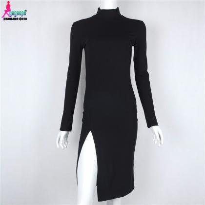 Black And Red Long Sleeve Body Con Dress
