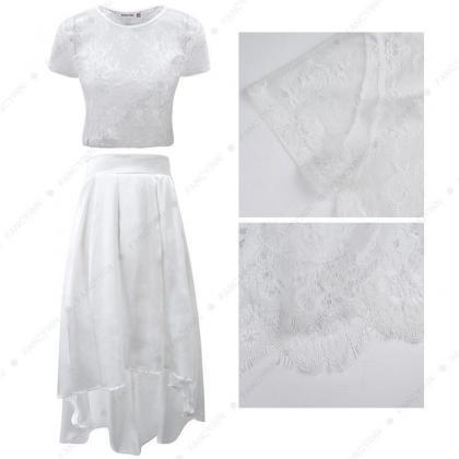 Gorgeous White Lace And Chiffon Top And Skirt Set