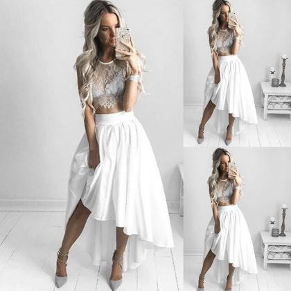 Gorgeous White Lace And Chiffon Top And Skirt Set
