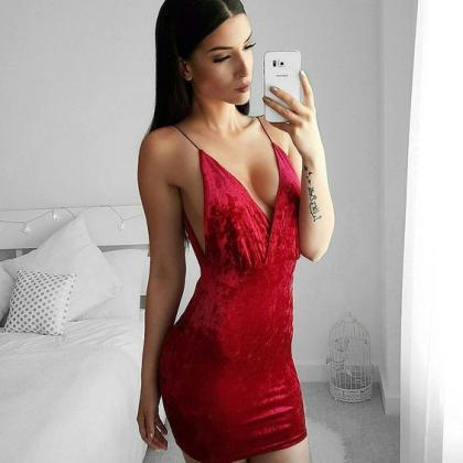 Velvet Sexy V Neck Party Dress In Red And White