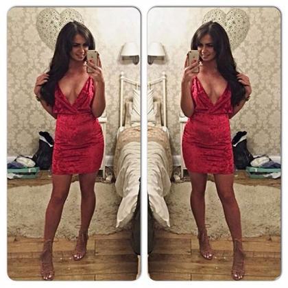 Velvet Sexy V Neck Party Dress In Red And White