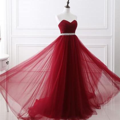 A-line Soft Tulle Burgundy Prom Evening Dress