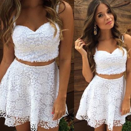 White Lace Two Pieces Top And Skirt Dress Set