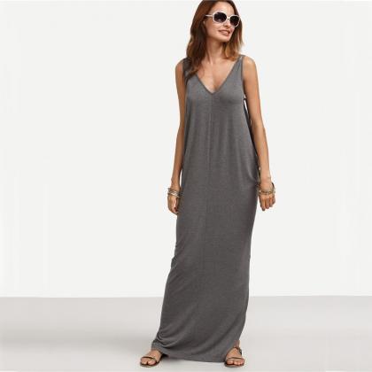 Grey V Neck Summer Women Sleeveless Maxi Dress