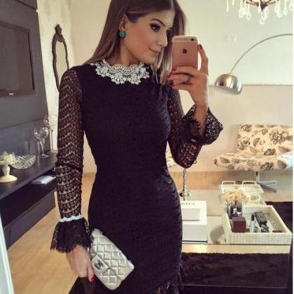Spring And Summer Black Long Sleeve Lace Dress