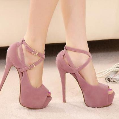 Suede Peep Toe Ankle Strap High Hee..