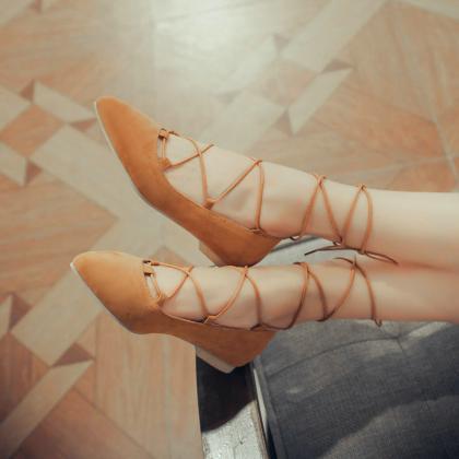 Faux Suede Lace-Up Pointed Toe Flat..
