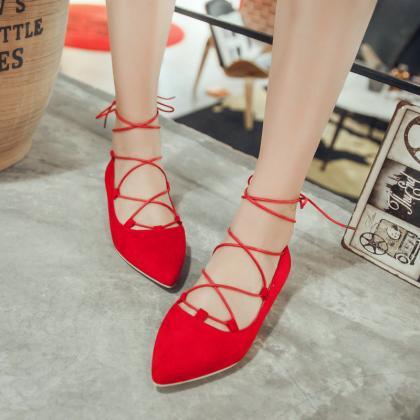 Faux Suede Lace-up Pointed Toe Flats