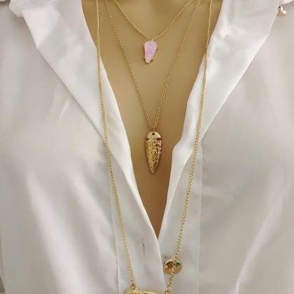 Beautiful Pink Crystal Druzy Layered Necklace