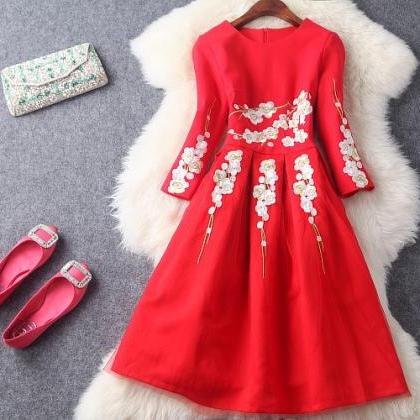 Classy Red Lace Embroidered Long Sleeve Ball Gown..