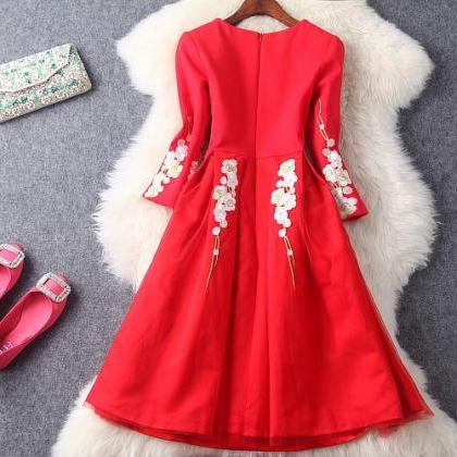 Classy Red Lace Embroidered Long Sleeve Ball Gown..