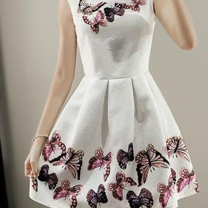 Butterfly Printed White Sleeveless Summer Dress