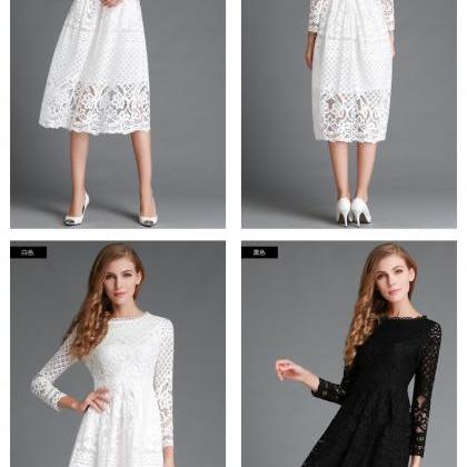 Classy Long Sleeve Lace Dress In Black And White