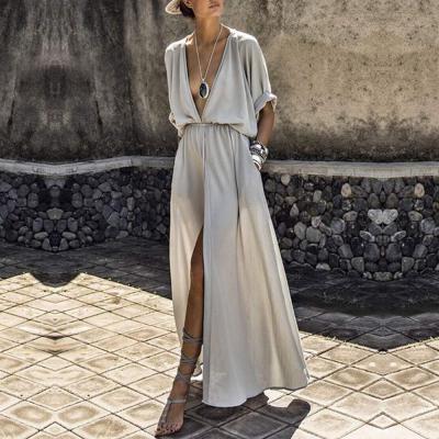 Sexy Deep V-Neck Batwing Short Sleeve Casual Loose Maxi Dress with Slit