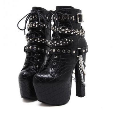 Gothic Punk Black metal Chain High Heels Boots
