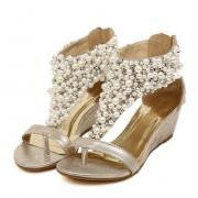 Beautiful Metallic Pearl Beaded Bohemian Style Wedge Sandals