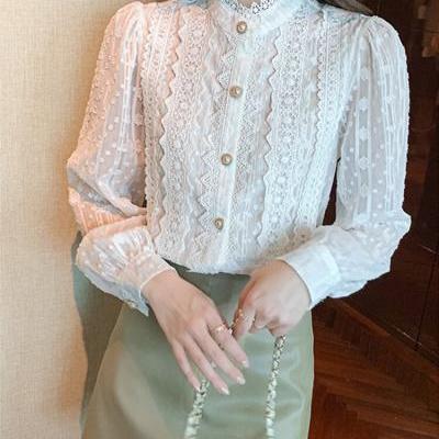 Spring Autumn Women White Lace Blouse Shirt Women Tops Long Sleeve 