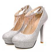 Stiletto High Heels Silver PU Party Ankle Strap Pumps 