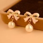 Adorable Pink Bow and Pearl Earrings