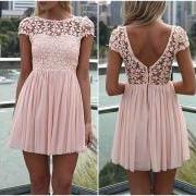 Round Neck Lace Patchwork Pink Dress