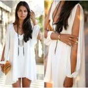 Beautiful White Bohemian Design High Low Long Sleeve Chiffon Dress