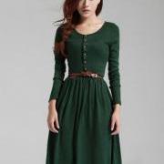 Vintage Style Front Button Long Sleeve Dress in Deep Green and Black