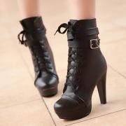 Spring Autumn Round Toe Lace Up Chunky High Heels Black Leather Short Buckle Martens Boots