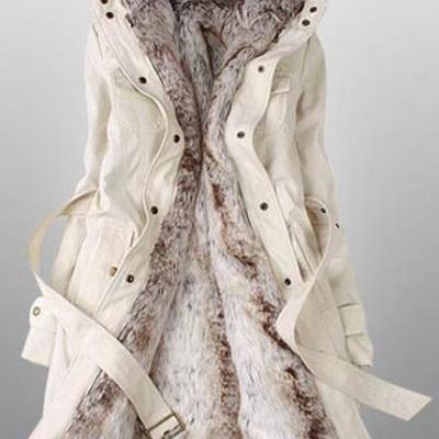 Faux Fur Lined Warm Winter Coat in Beige