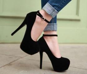 Fashion Round Toe Stiletto Heels Ankle Strap Black Pumps on Luulla