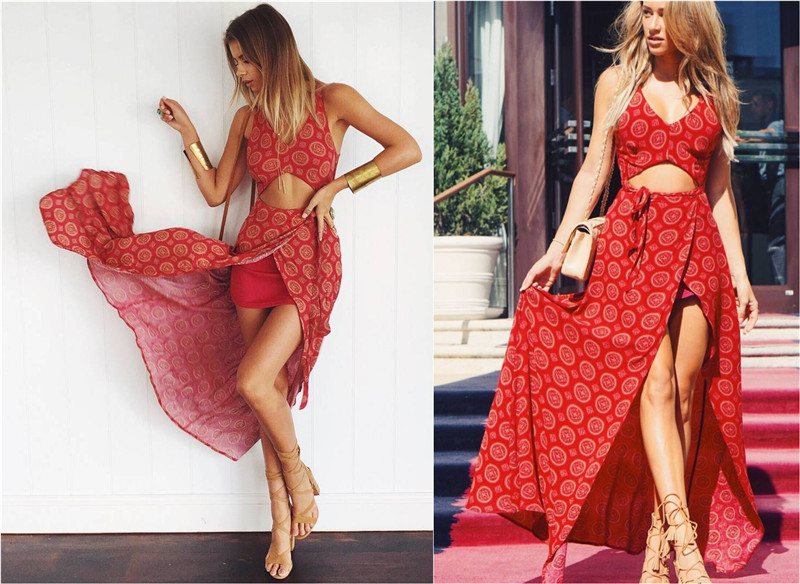 Red Summer Beach Style Sexy Boho Maxi Long Women Dress