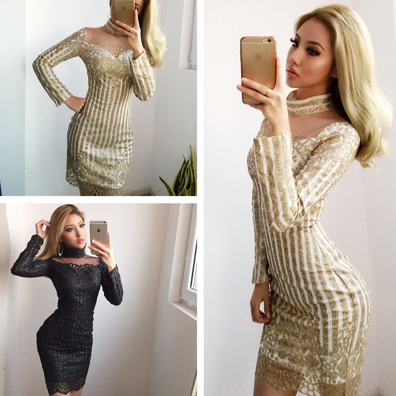 Sequined V Neck Sexy Dress In Gold And Black
