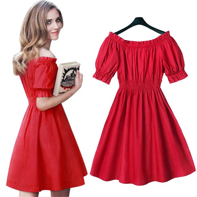 Off The Shoulder Red Puff Sleeve Summer Dress