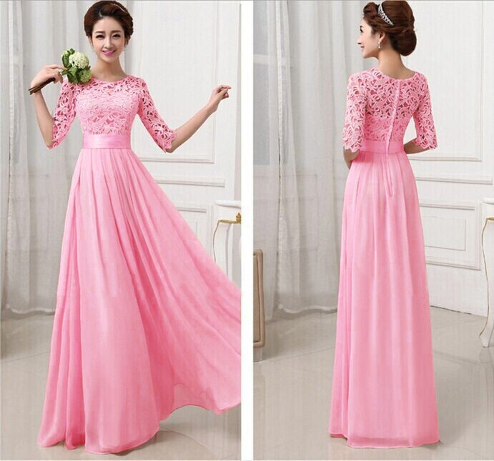 Rose Pink Long Sleeve Floor Length Long Dress