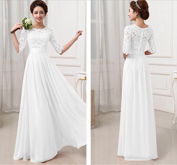 White Lace And Chiffon Floor Length Dress