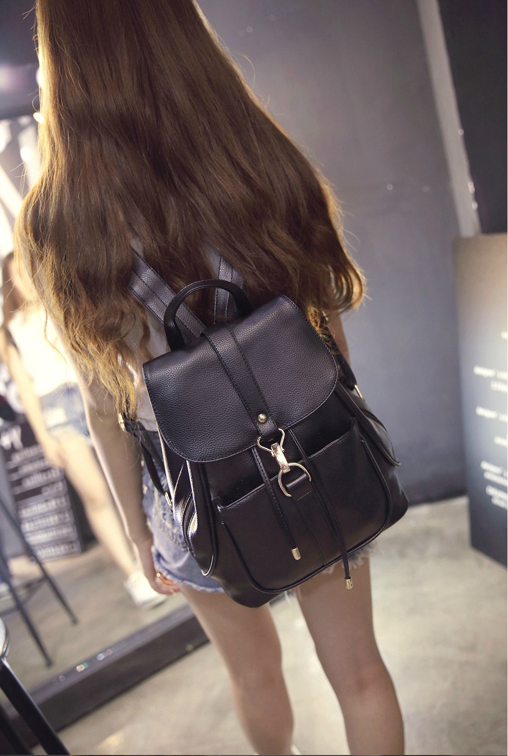 Black Pu Leather Backpack Office And School Bag For Women