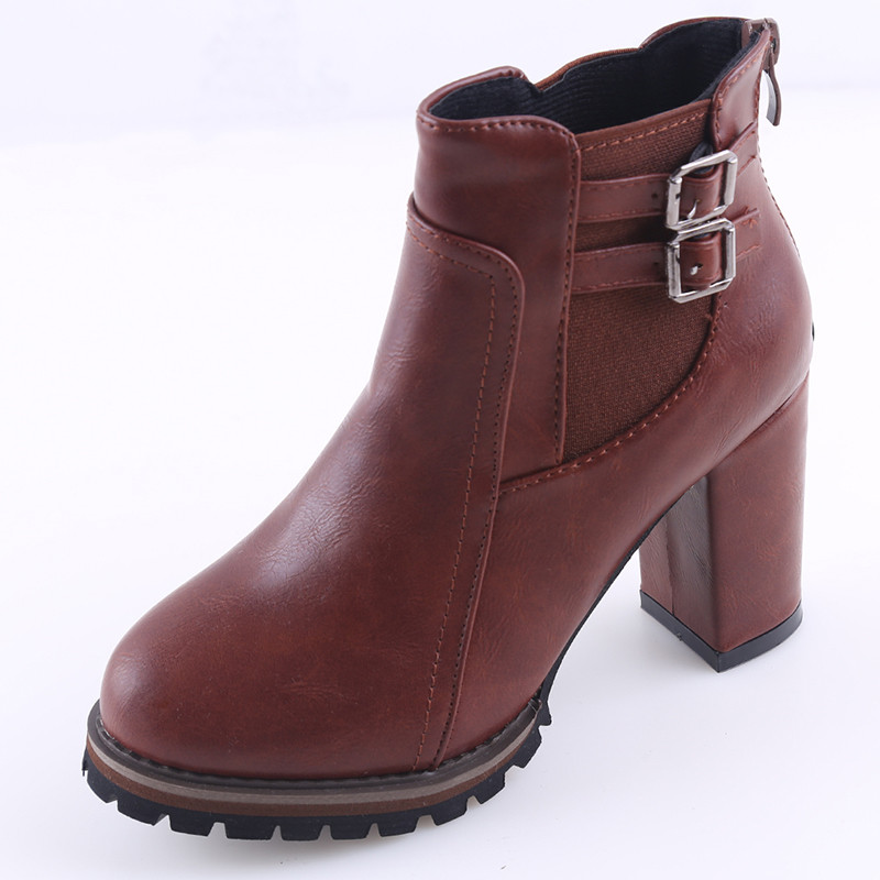 Chunky Heel Buckle Design Brown Ankle Boots on Luulla