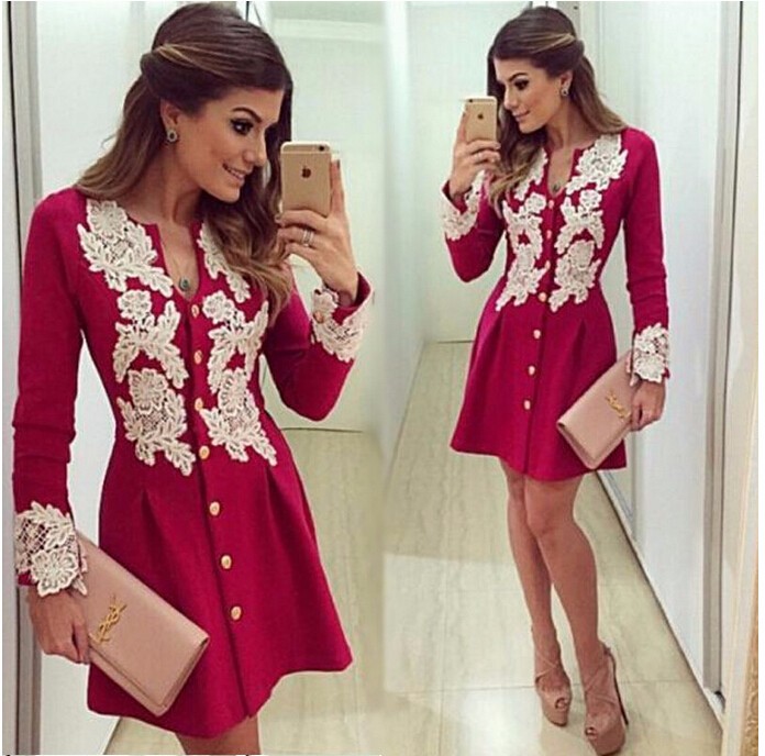 Button Up Red Long Sleeve Dress