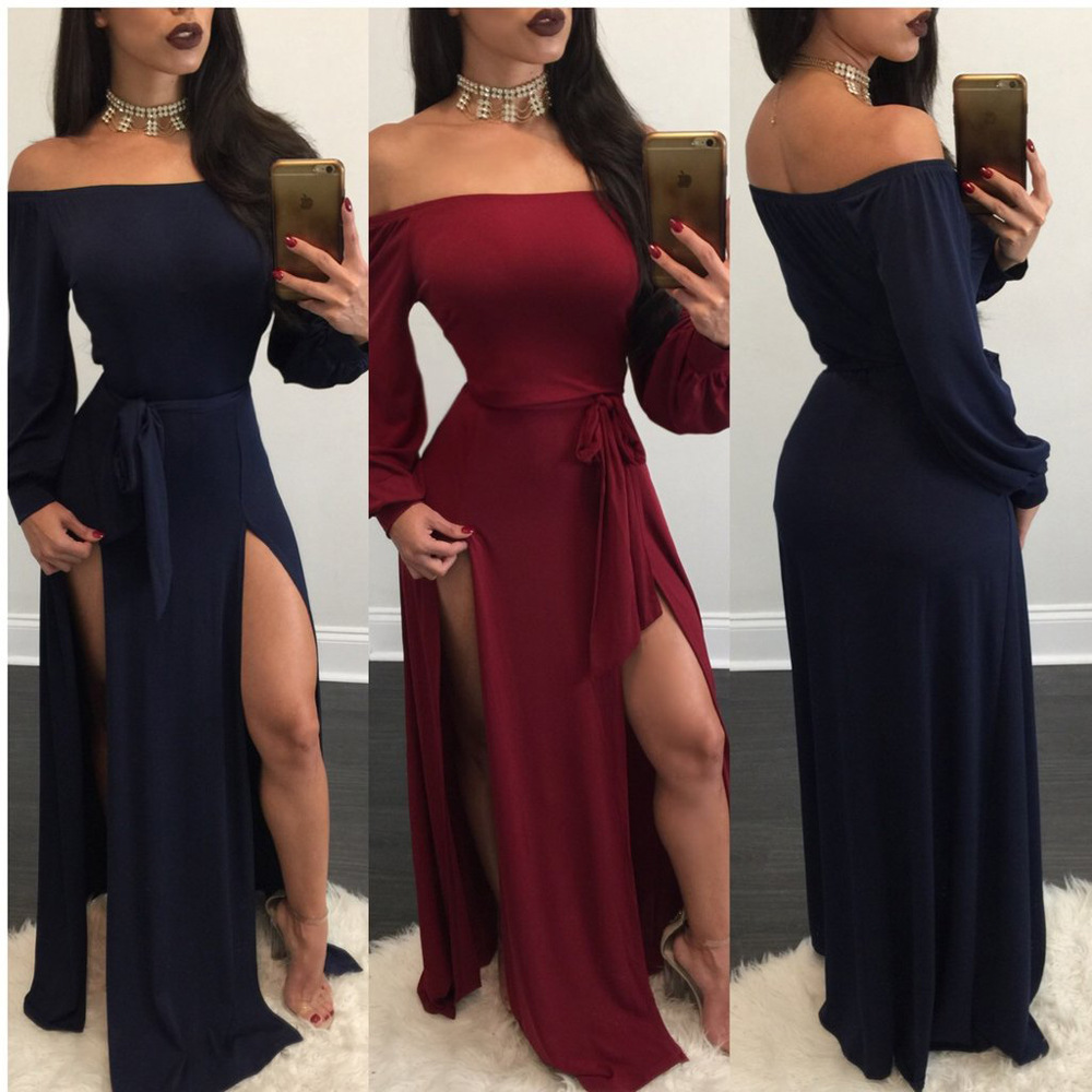 Off Shoulder Body Con Long Sleeve Dresses In Black, Red And Green